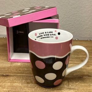 Divinity Scripture Ceramic Coffee Tea Mug Pink White Polka Dot Cup with Gift Box